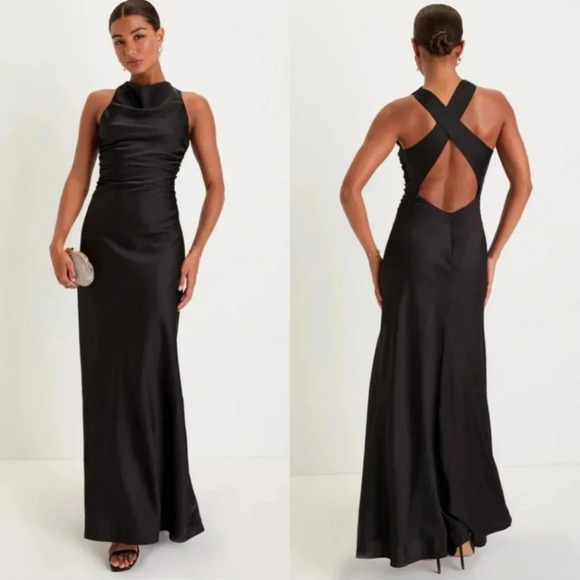 Lulus Effortlessly Sensational Black Satin Backless Maxi Dress S Party Wedding - Picture 1 of 11
